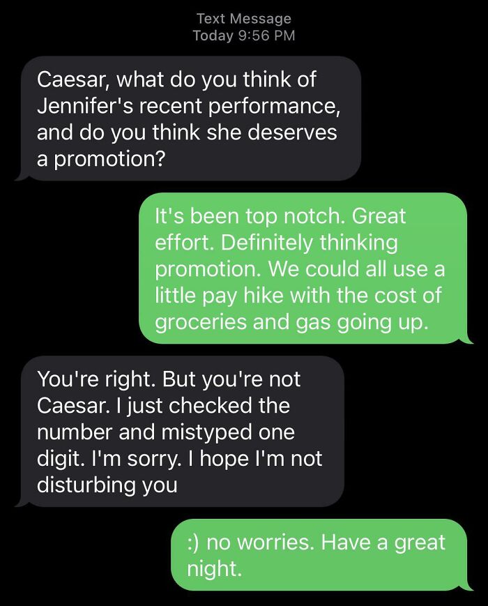 A wrong number text conversation where someone asks for a promotion for Jennifer, only to realize their mistake.