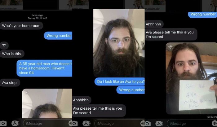 A wrong number text conversation with a man replying to an Ava, leading to a humorous and unsettling exchange.
