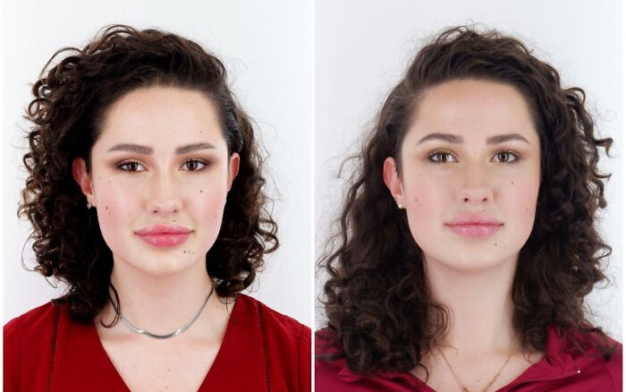 A split image shows a woman before and after a makeup transformation, ready for school reunions.