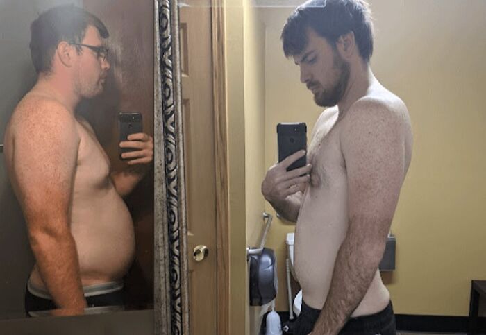 A man's side-profile before and after photos depict an impressive transformation, stunning people at reunions.