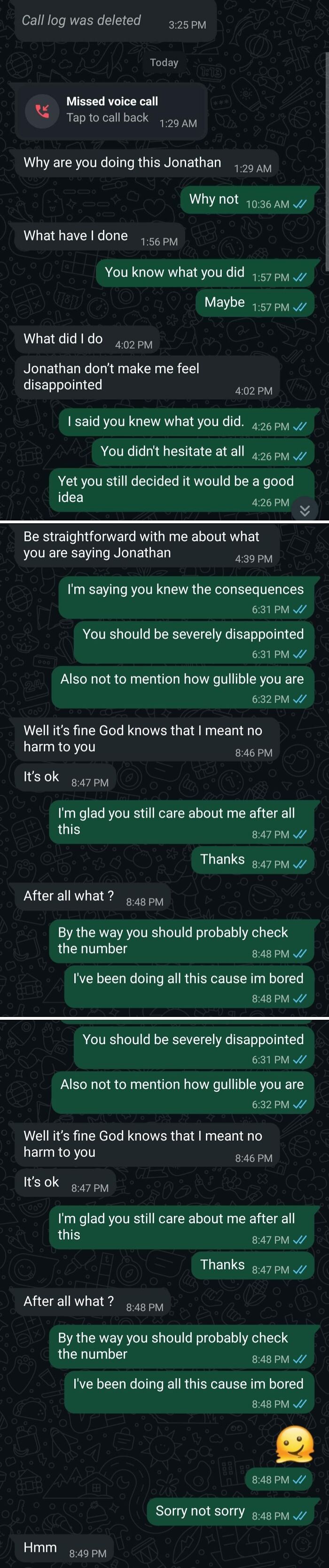 Screenshot of a wrong number text conversation with Jonathan, showing an unhinged conversation between two people.