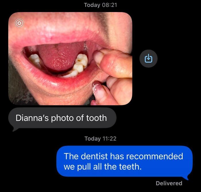 A bizarre wrong number text conversation including a photo of a missing tooth and a dentist's recommendation.