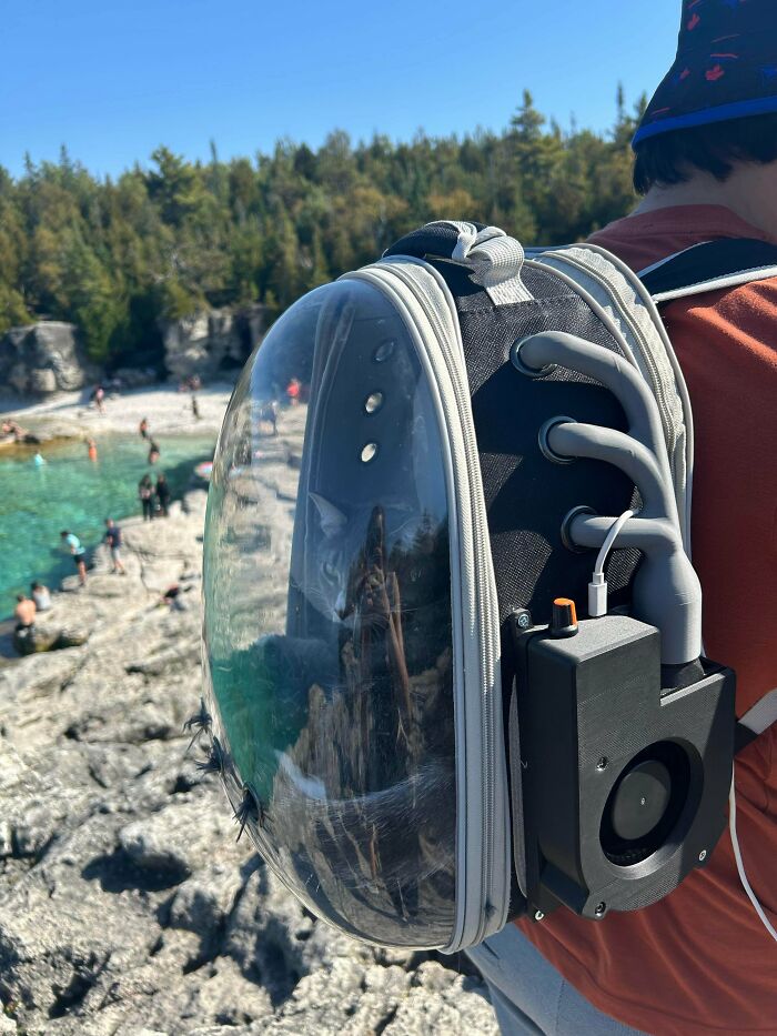 A person wearing a backpack with a clear bubble window for a pet, highlighting functional 3D prints for everyday life.