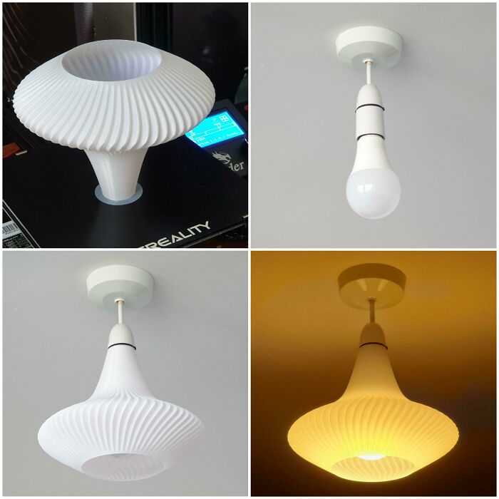 A sequence of images showing the creation of a 3D printed lampshade, from print to illuminated functional light.