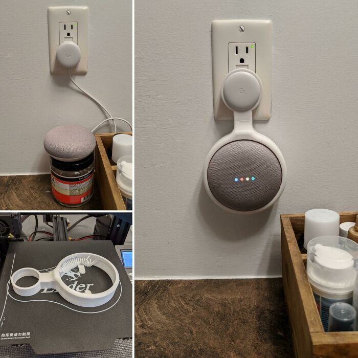 A functional 3D print showing a Google Home Mini speaker mounted on a wall outlet, improving everyday life.