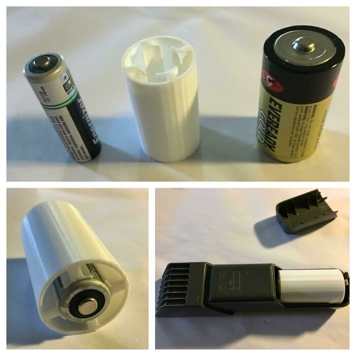 Collage showing batteries and a functional 3D printed adapter, demonstrating how 3D prints make everyday life easier.