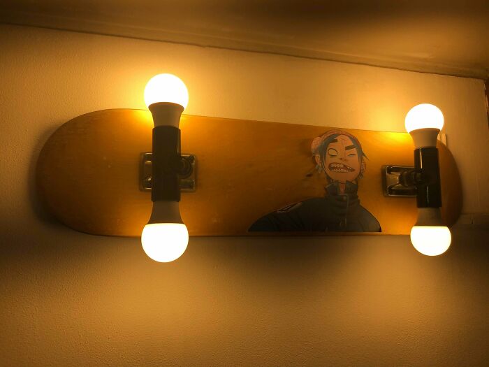 A skateboard modified with lights, a unique functional 3D print for artistic expression and improved lighting.