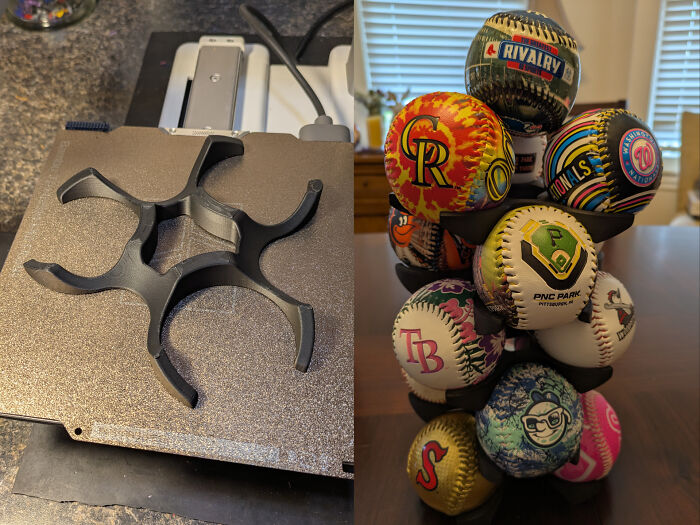 A before-and-after image of a functional 3D print: a baseball bat-like display stand holding several baseballs.