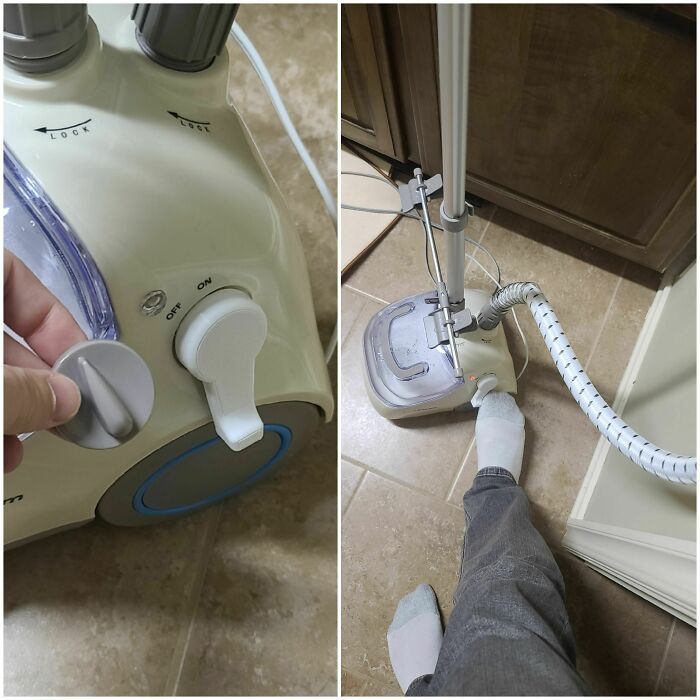 A hand adjusting a k**b on a steam iron, showcasing a functional 3D print designed for ease.