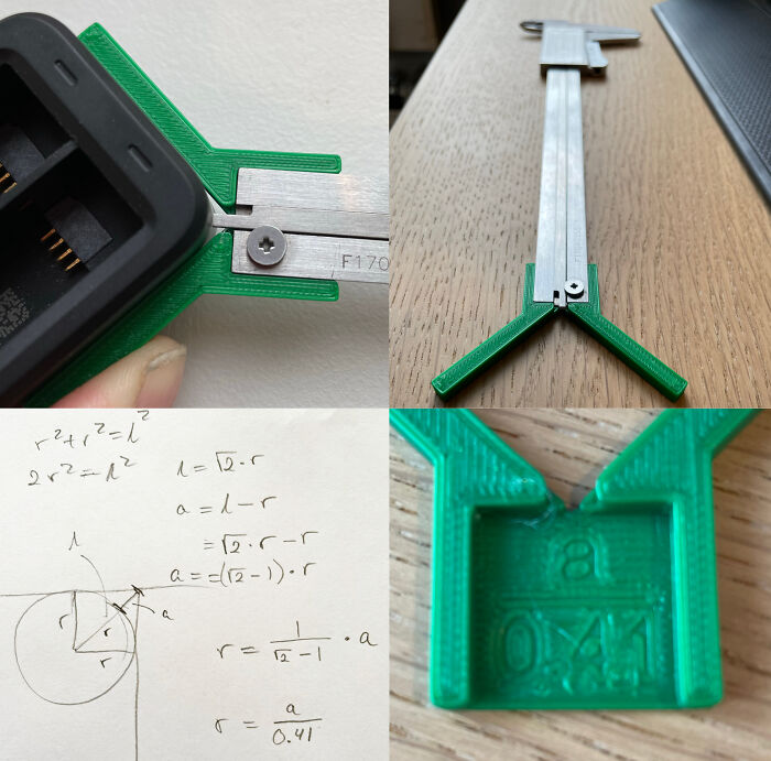 A split image displaying a 3D printed caliper attachment for precise measurements, a functional 3D print.