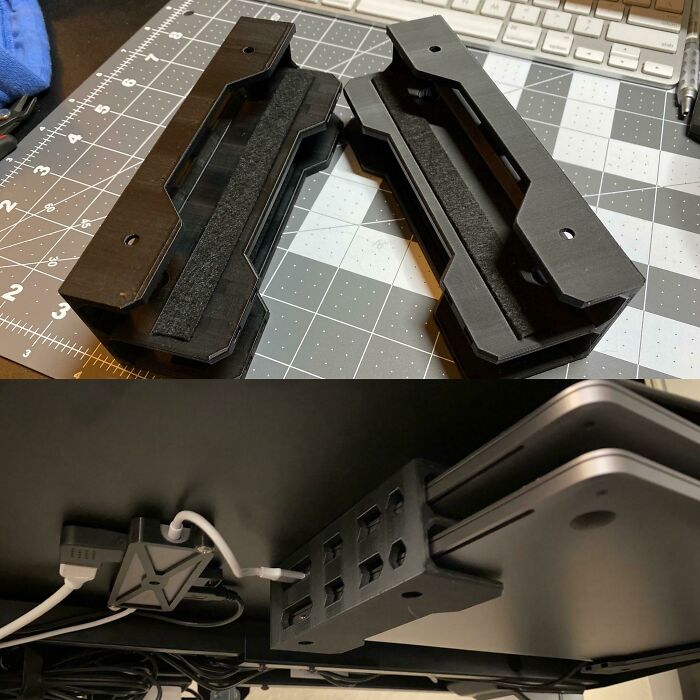 Functional 3D prints of under-desk laptop holders shown from two angles, making everyday life much easier by organizing.