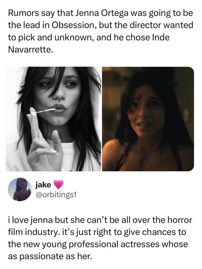 Jenna Ortega chewing gum and in a horror film scene, a pop culture post for instant good vibes.