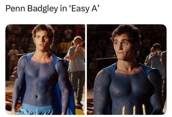 Two images of Penn Badgley covered in blue body paint from Easy A, a classic example of pop culture posts.