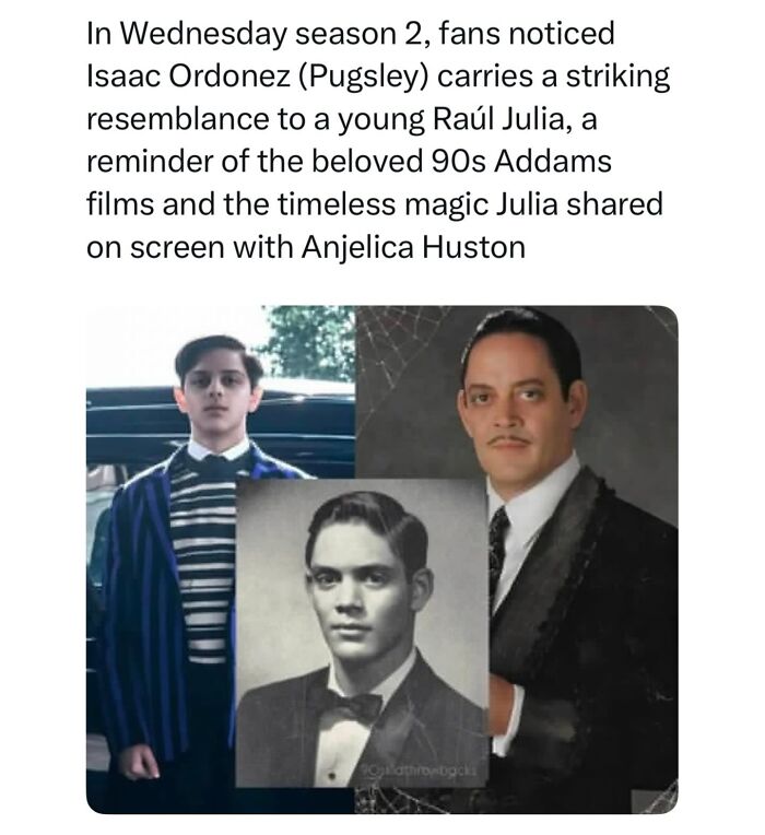 A collage showing Isaac Ordonez as Pugsley, a young Raul Julia, and Raul Julia as Gomez Addams, highlighting pop culture posts.