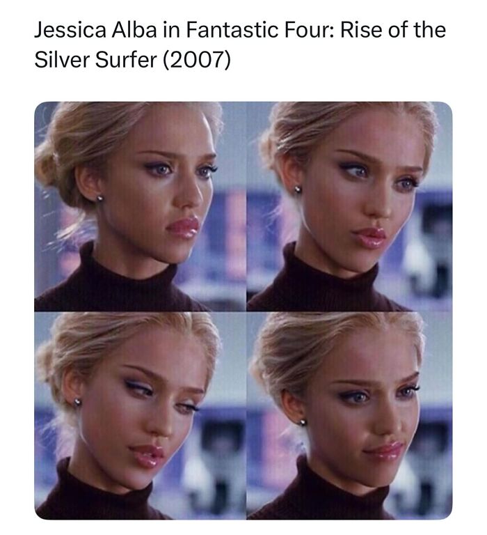 A four-panel grid of Jessica Alba as Sue Storm in Fantastic Four, a prime example of pop culture posts.