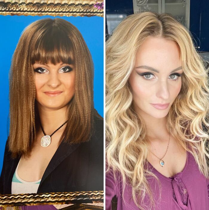 An ugly duckling transformation photo of a woman with crimped hair evolving into a beautiful blonde with flowing curls, showing her self-love transformation.