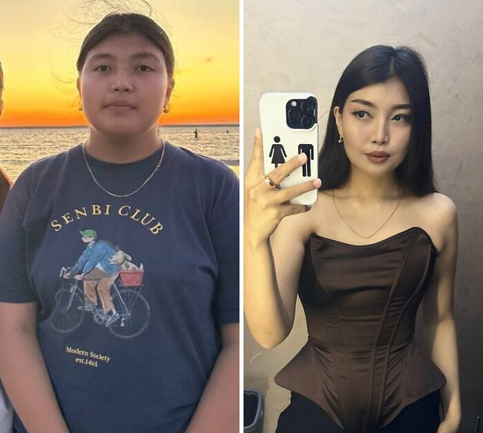 A before-and-after image of an ugly duckling transformation, showing a young woman's incredible self-love transformation.