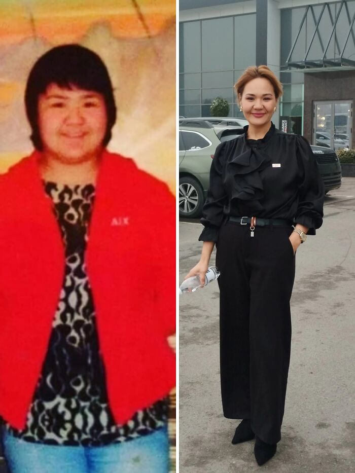 A before and after image featuring an Ugly Duckling transformation. The left image shows a younger woman in a red jacket; the right image shows the same woman as an adult, looking confident in a black ruffled blouse and black trousers.