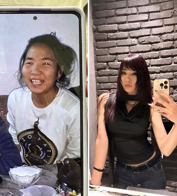 A before and after image demonstrating an Ugly Duckling transformation. The left image shows a young woman with a wide smile; the right image shows the same woman as an adult, taking a mirror selfie with dark hair and a chic outfit.