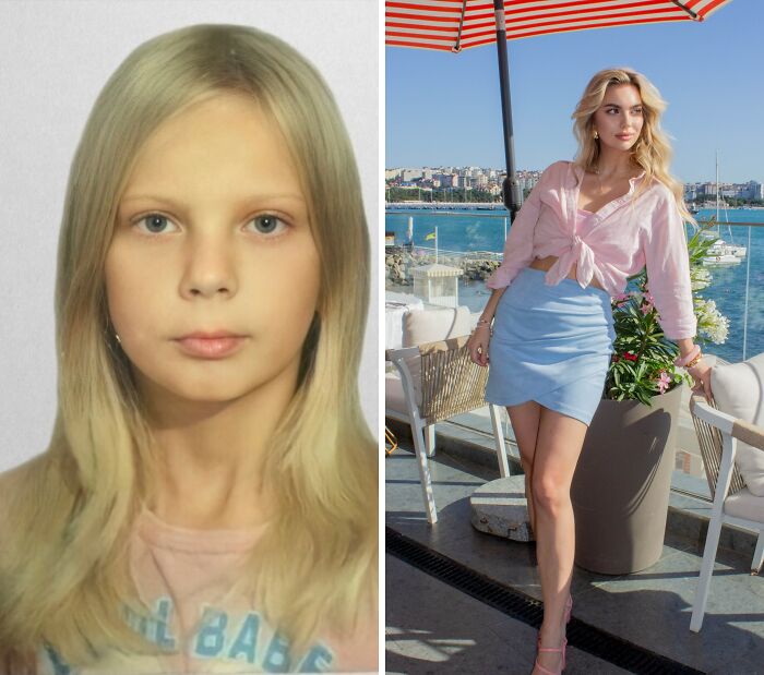 A before and after image illustrating an Ugly Duckling transformation. The left image shows a young blonde girl; the right image shows the same woman as an adult, posing stylishly by the sea in a pink shirt and blue skirt.