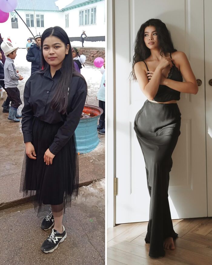 A before and after image showing an Ugly Duckling transformation. The left image shows a young girl in a black shirt and skirt outdoors; the right image shows the same woman posing in a long black dress and crop top.