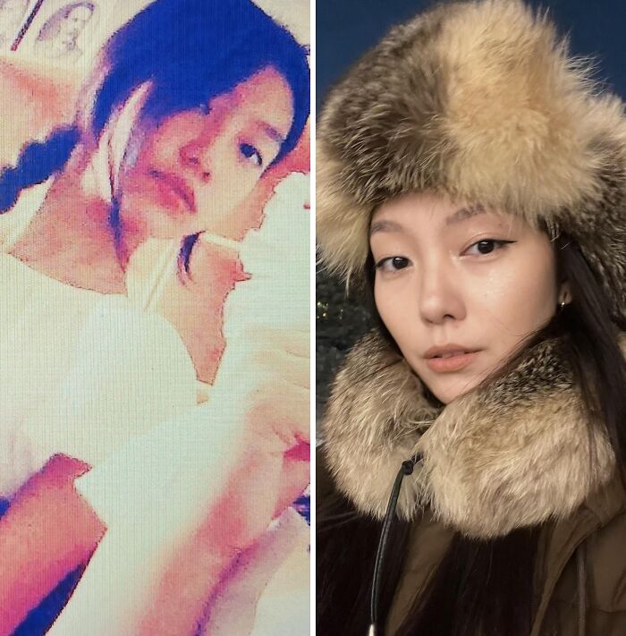 A before and after image showing an ugly duckling transformation into a confident woman in a fur hat, highlighting self-love.