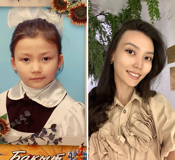 Side-by-side photos capturing an ugly duckling's incredible transformation from a schoolgirl to a smiling, elegant woman, celebrating self-love.