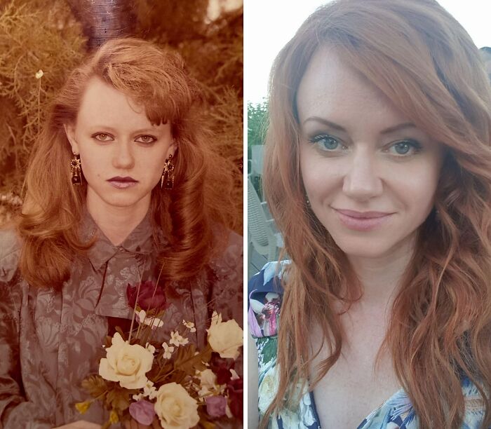 An inspiring ugly duckling transformation from a young woman with a bouquet to a confident red-haired woman, embodying self-love.