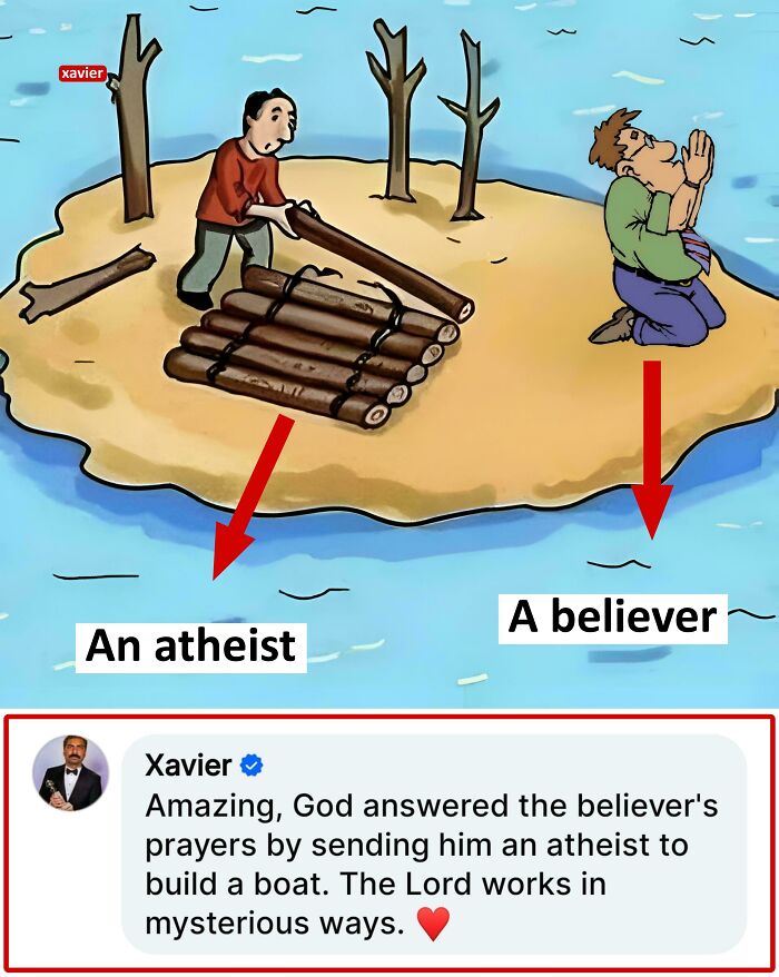 Xavier's perfect savage response about an atheist building a boat, showcasing the internet's nonsense.