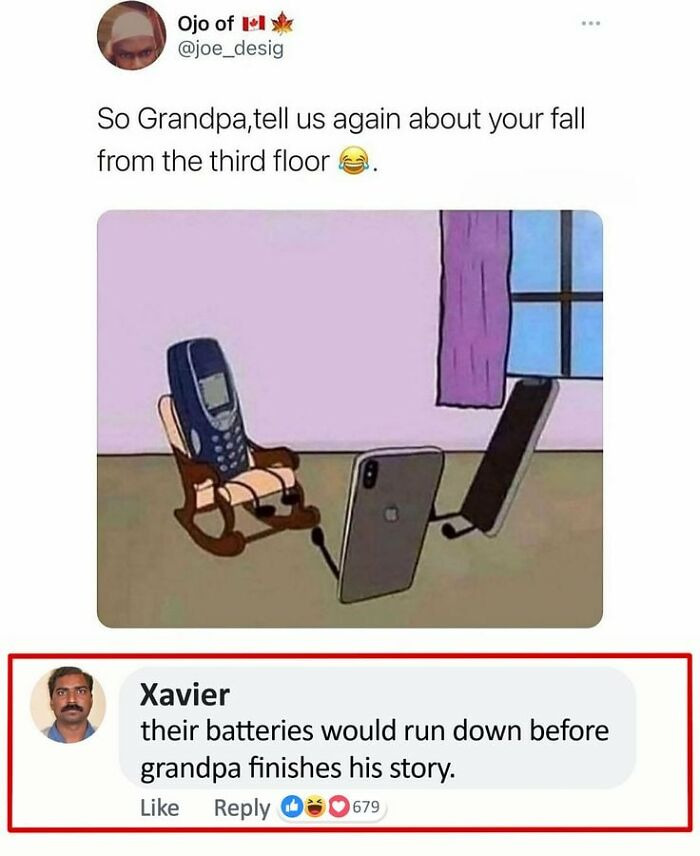 Xavier's perfect savage response to the internet nonsense about old phones and grandpa's long story.