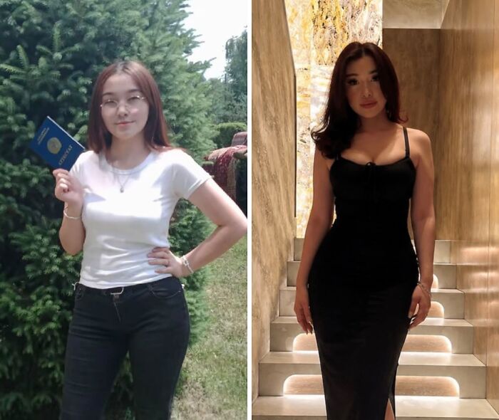 A striking ugly duckling transformation, showing a young girl with glasses and a passport evolving into an elegant woman, loving herself.