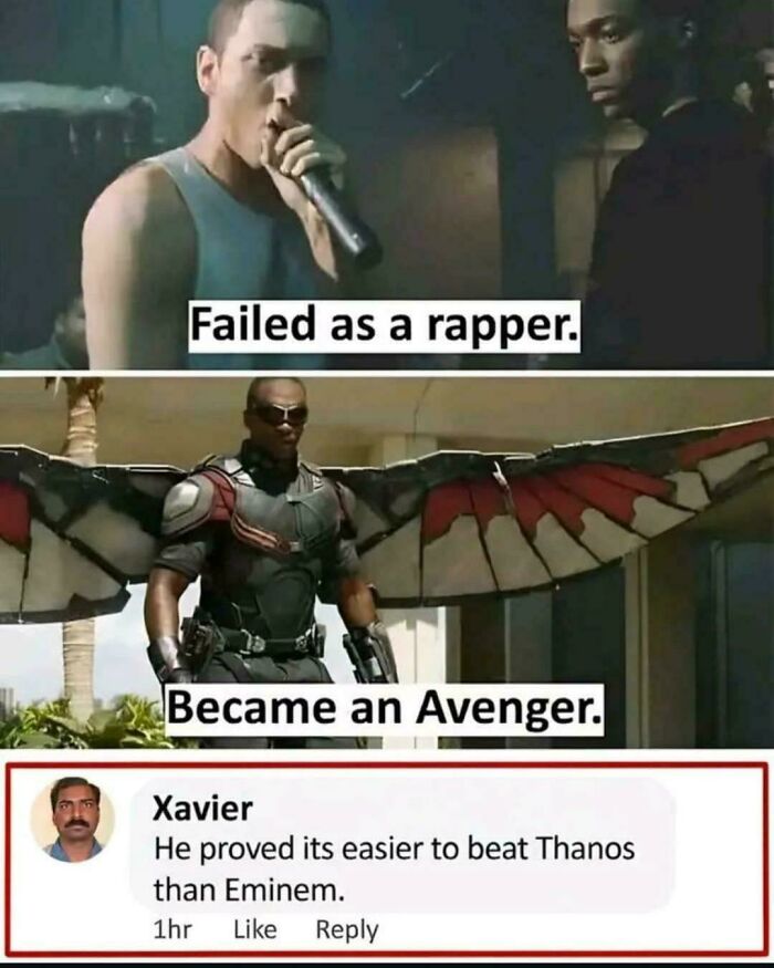 Xavier's savage response about Falcon's path from rapper to Avenger, proving Thanos easier than Eminem.