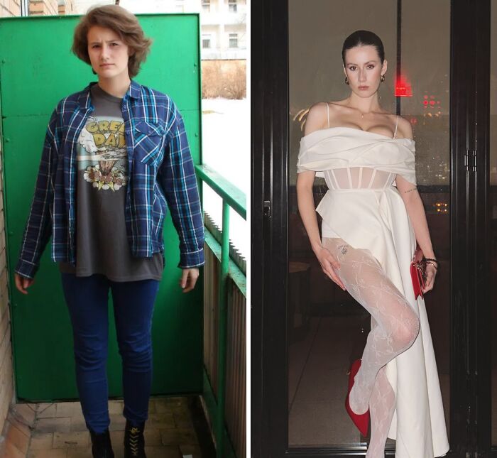 Ugly duckling transformation of a woman from casual attire to an elegant dress, showcasing self-love.
