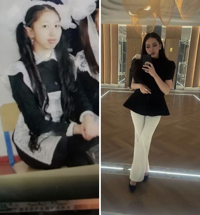 A before and after image showing an Ugly Duckling transformation. The left image shows a young girl in a school uniform with pigtails; the right image shows the same woman as an adult, looking elegant in white pants and a black top.
