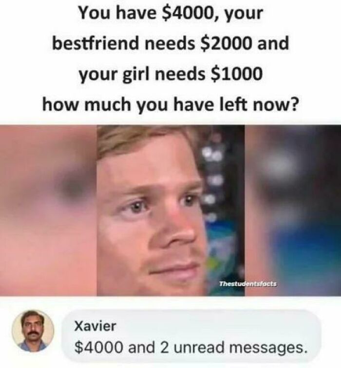 Xavier's savage response about keeping $4000 and having unread messages instead of lending money.