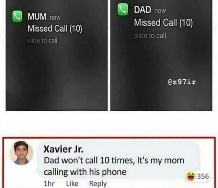 Xavier's savage response to a phone showing 10 missed calls from both Mum and Dad.