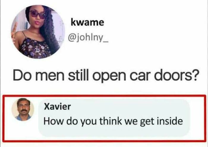 Xavier's savage response to the question about men opening car doors, a funny internet moment.