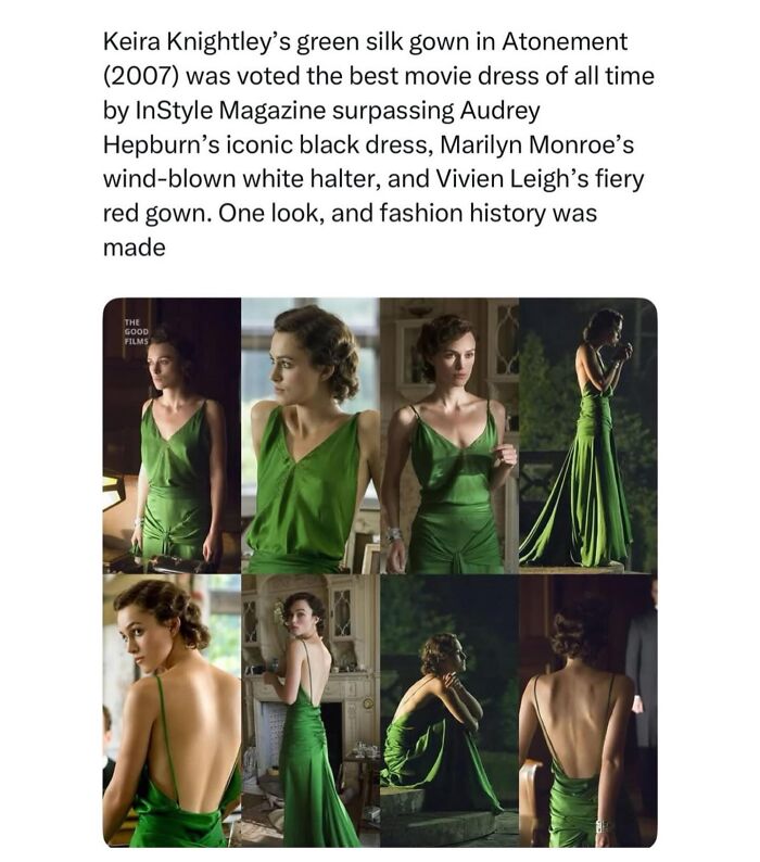 Pop culture post: A collage featuring Keira Knightley in her iconic green silk gown from Atonement.