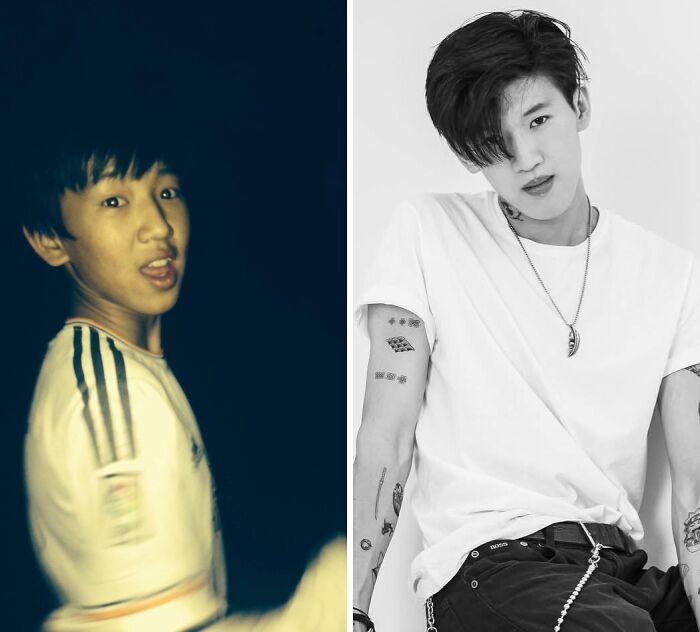 Boy before and after becoming a confident adult, showing an ugly duckling transformation and self-love.