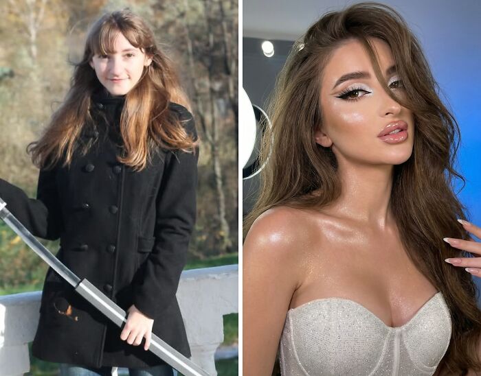 Before and after photo of an ugly duckling transformation into a beautiful woman who loves herself.