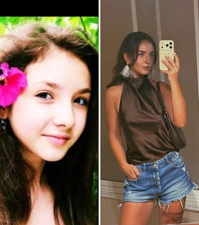 Before and after photo of a woman showing her incredible transformation from an ugly duckling to an adult.