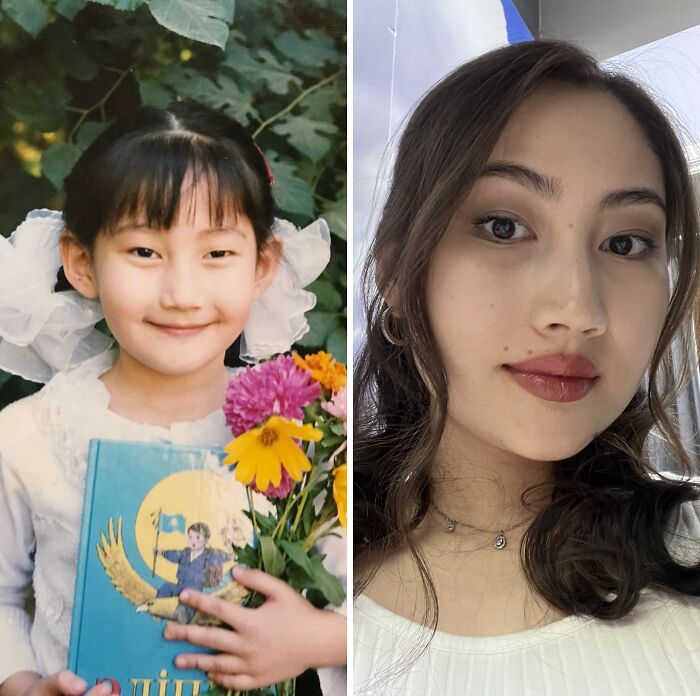 Before and after photo of a woman showing her incredible transformation from an ugly duckling to an adult.
