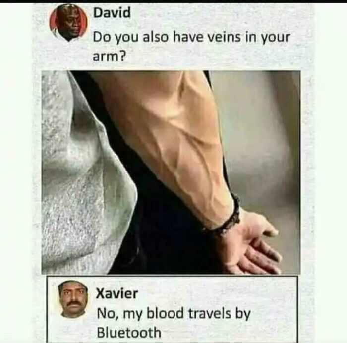 Xavier's perfect savage response to a question about arm veins, humorously stating blood travels by Bluetooth.