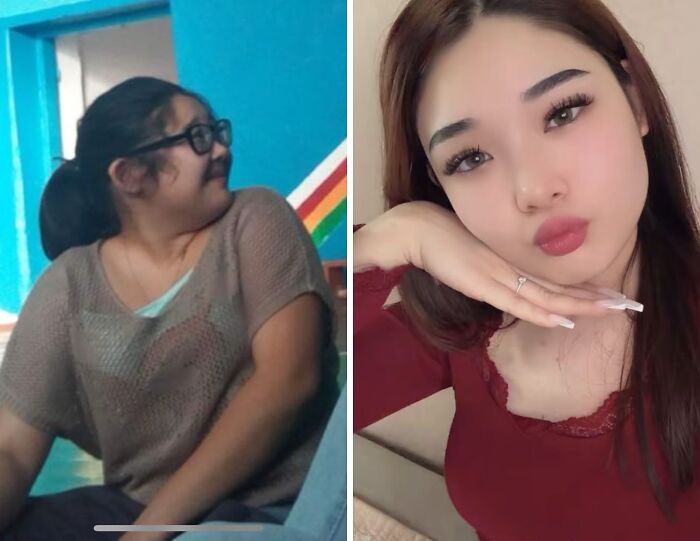 A split image showing an Ugly Duckling transformation: a young woman with glasses and hair tied back, and a gorgeous woman with long brown hair, full lips, and flawless makeup.