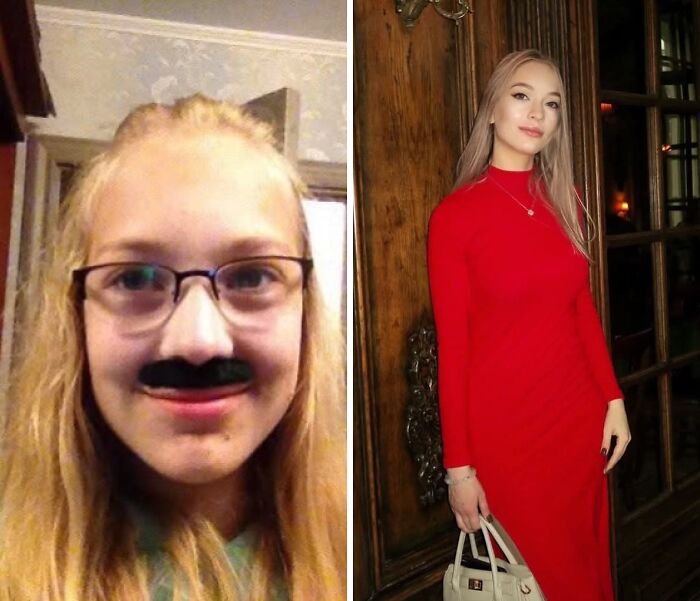 A dramatic transformation from an ugly duckling with a fake mustache to a glamorous woman, celebrating self-love.