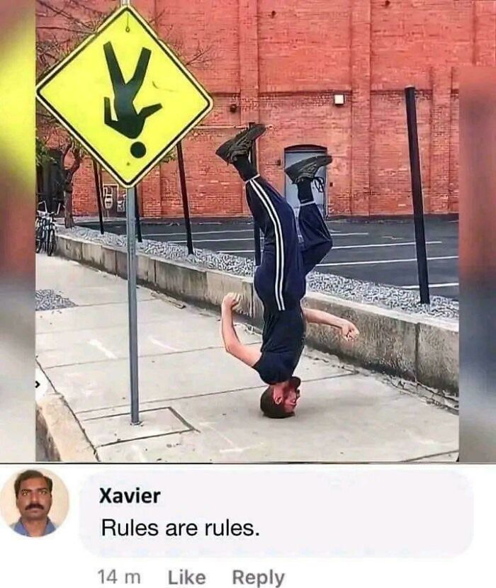 Xavier's savage response to a man doing a headstand next to an upside-down pedestrian sign, saying Rules are rules.