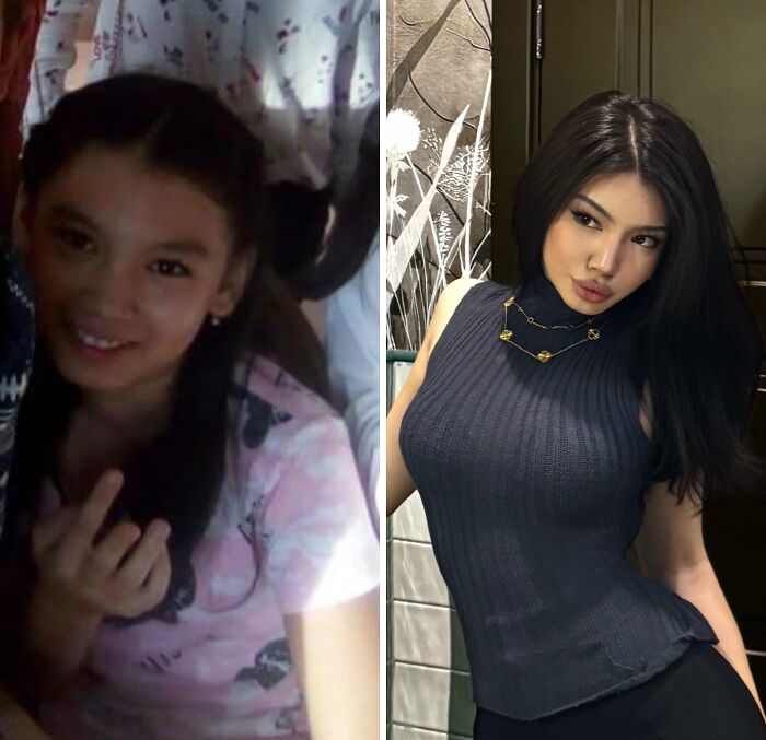 A split image showing an Ugly Duckling transformation: a smiling young girl with long dark hair, and a striking woman with long black hair, plump lips, and a stylish top.