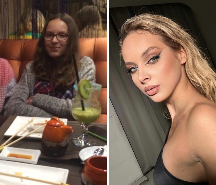 A split image showing an Ugly Duckling transformation: a young woman with glasses and long hair at a restaurant, and a beautiful woman with blonde hair and dramatic eye makeup.