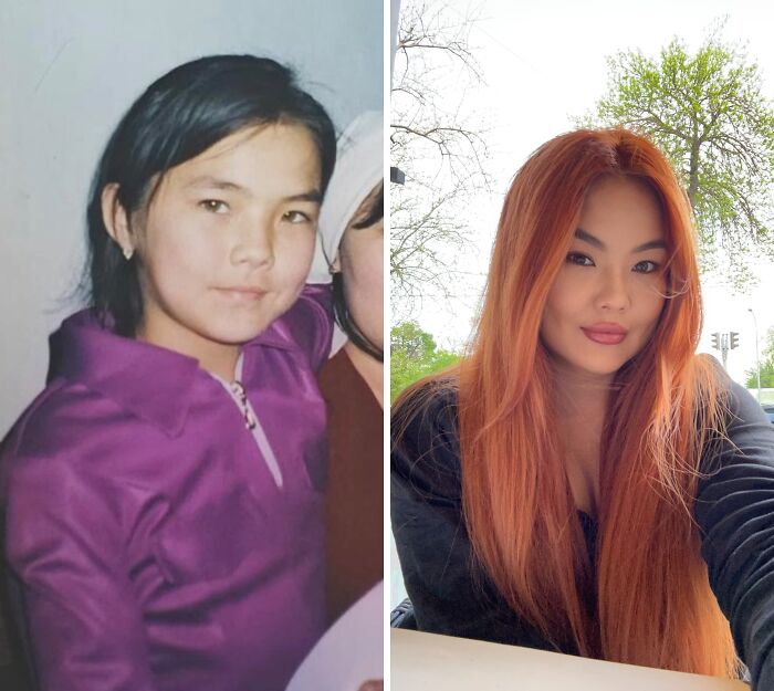 A split image showing an Ugly Duckling transformation: a young girl with dark hair and a purple top, and a stunning woman with long, vibrant red hair and full lips.