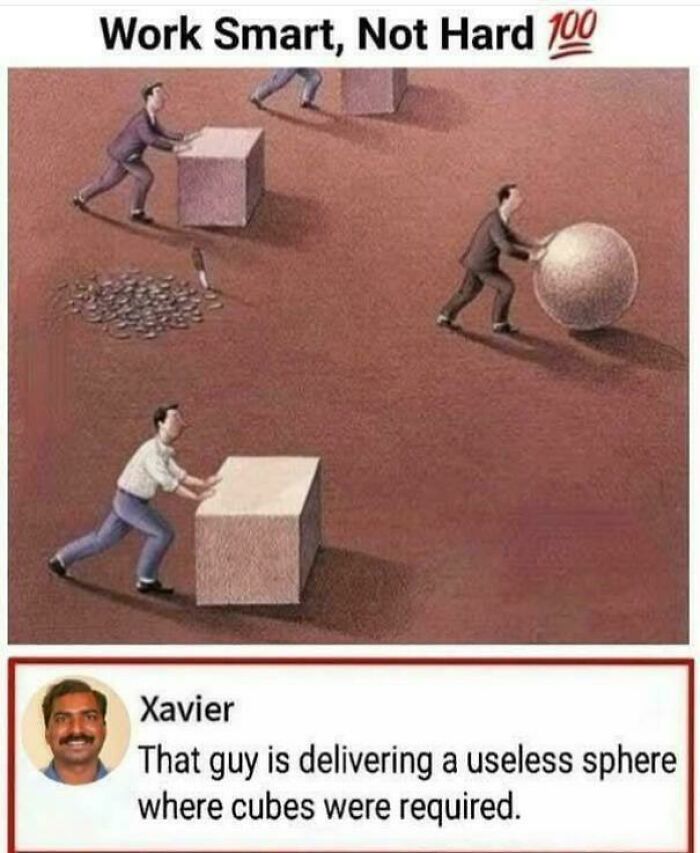 Xavier's savage response to an image showing men moving shapes, stating one is delivering useless spheres.